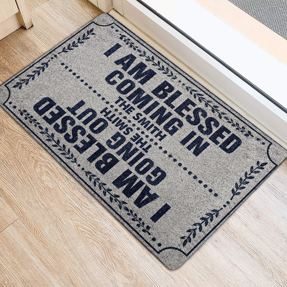 Faith-inspired Christian door mat positioned beside a doorway on light wood flooring