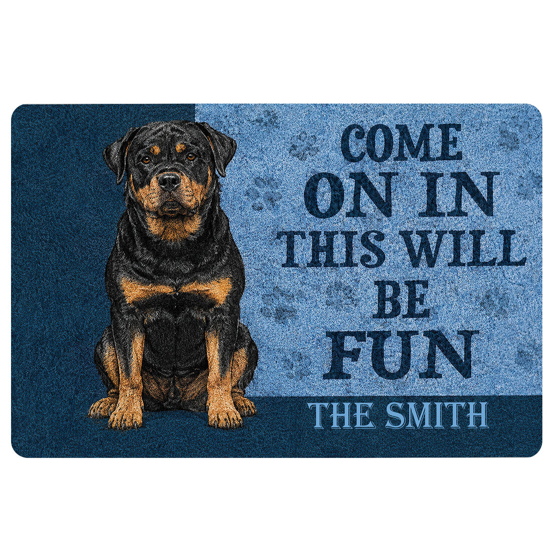Rottweiler doormat with black and tan dog artwork and a bold welcome message in blue and black