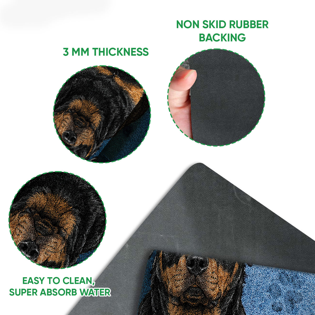 Rottweiler doormat feature view showing the printed top, rubber backing, rounded edge and easy-clean construction