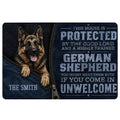 German Shepherd doormat with bold blue artwork, guardian message, and rugged entryway design