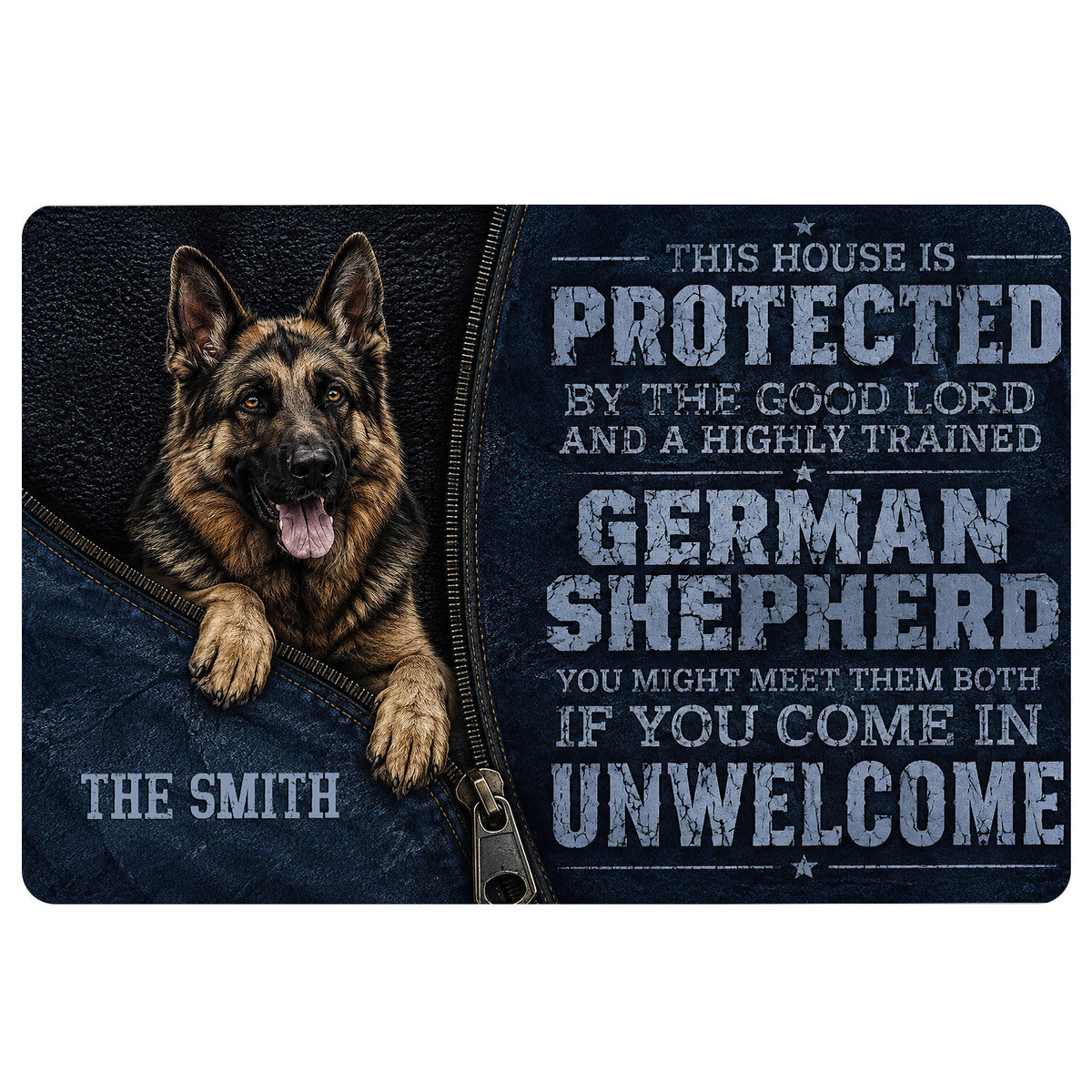 German Shepherd doormat with bold blue artwork, guardian message, and rugged entryway design