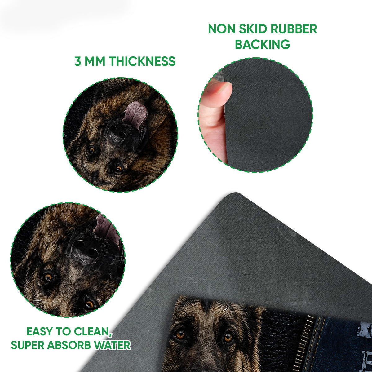 German Shepherd doormat detail showing textured surface, rubber backing, and rounded edge