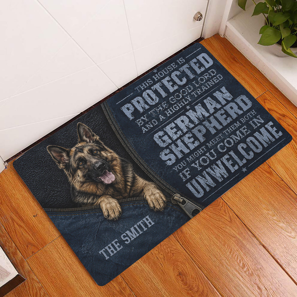 German Shepherd doormat displayed at an indoor entryway on a warm wood floor