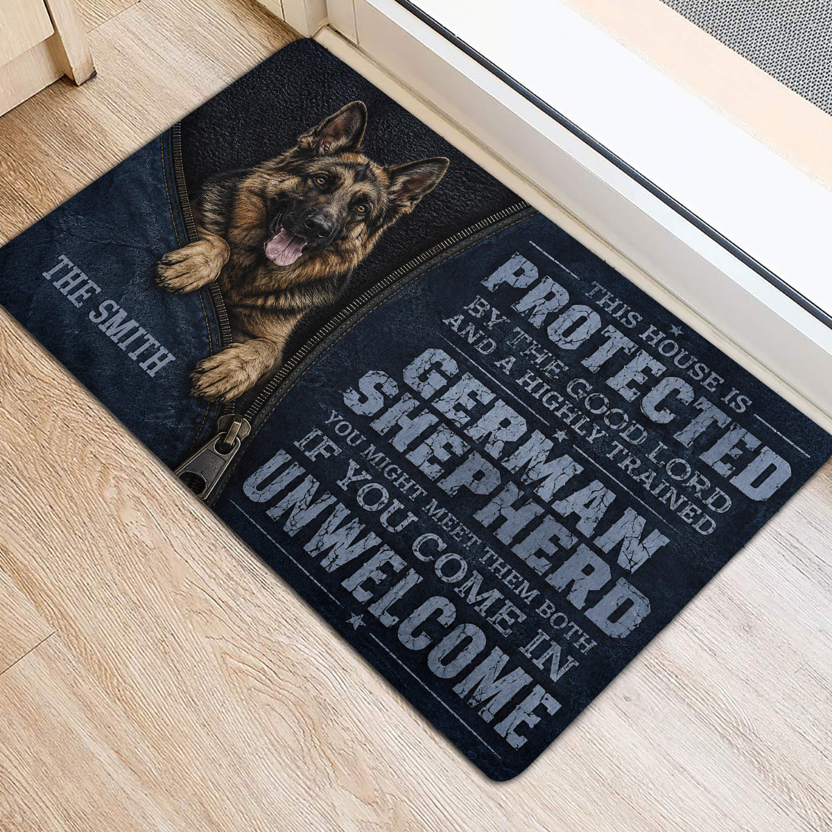 German Shepherd door mat placed beside a doorway on light wood flooring