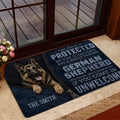 German Shepherd entryway mat displayed near a glass door with a bold protective design