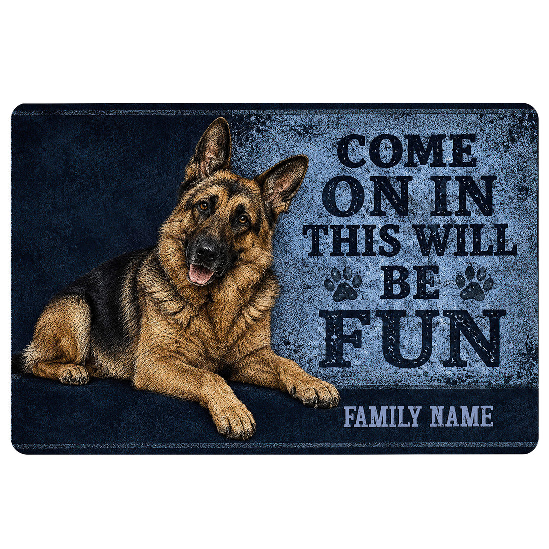 German Shepherd doormat with blue artwork, paw prints, welcome message, and family name placeholder