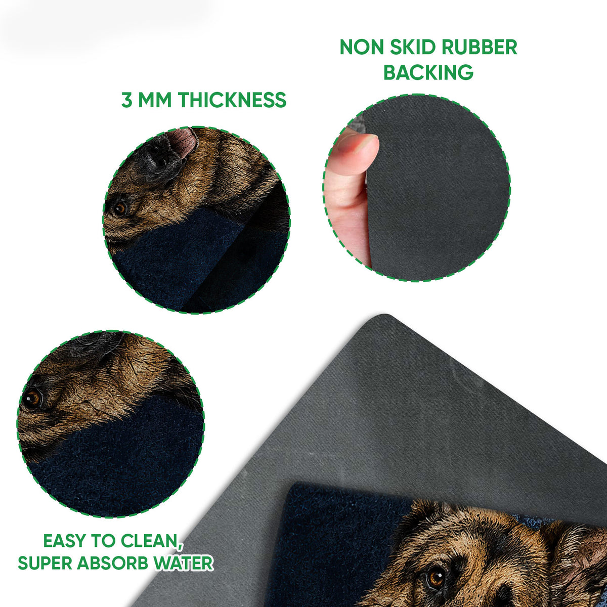 Close-up German Shepherd doormat feature view showing printed surface and dark rubber backing
