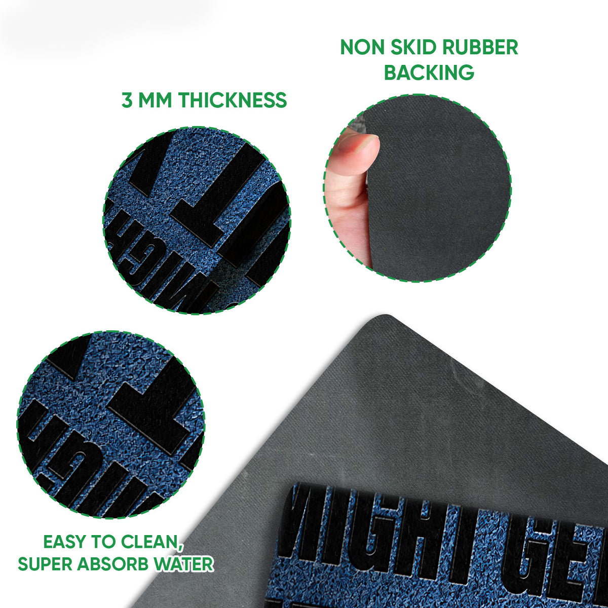 Close-up of the blue Doberman doormat surface with visible black rubber backing and printed detail