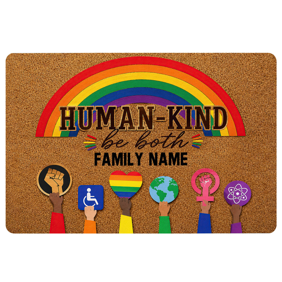 Rainbow LGBT doormat with inclusive symbols, affirming message, and family-name display area