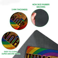 Doormat detail graphic showing the colorful rainbow artwork, textured top, and black rubber backing