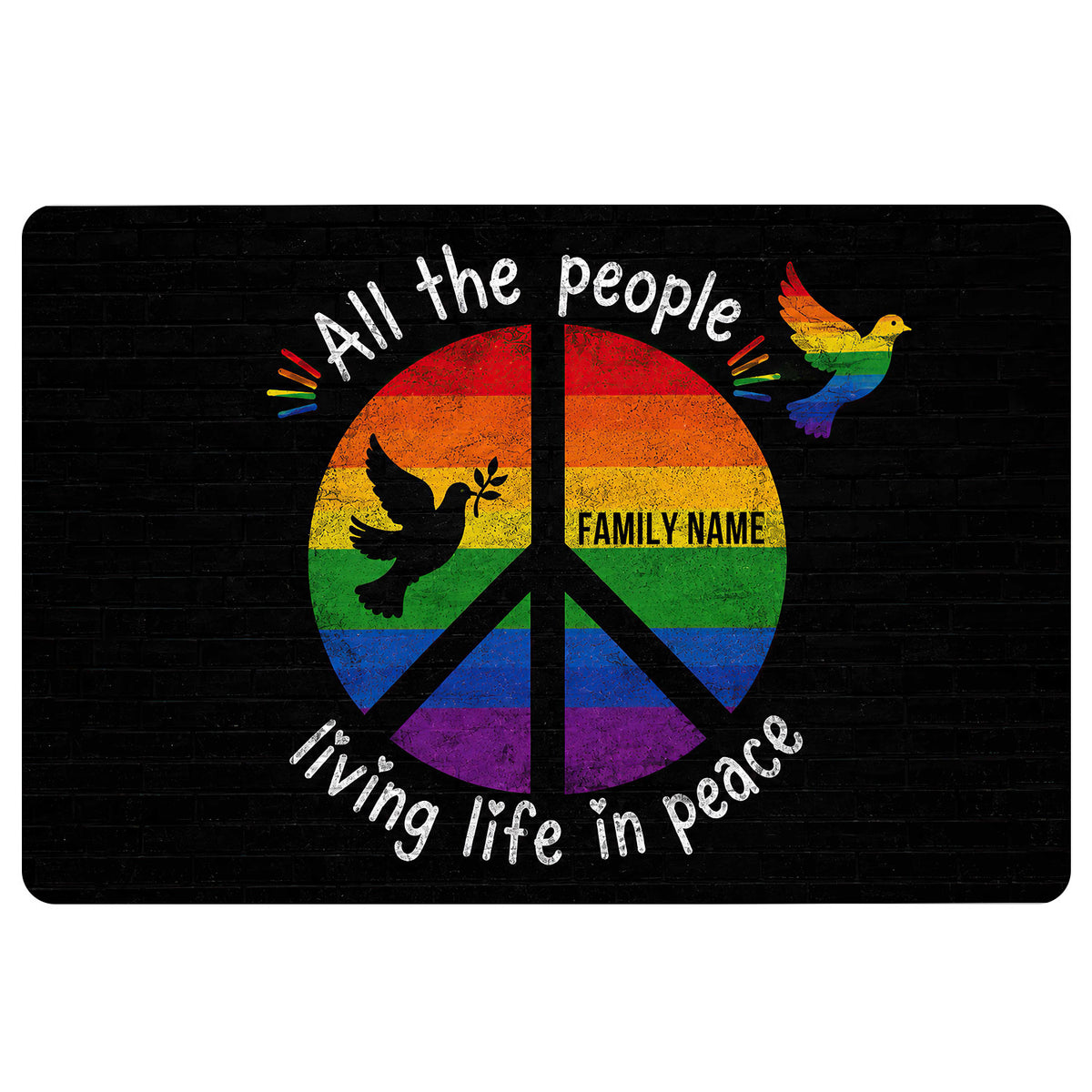Rainbow LGBT doormat with peace symbol, colorful doves, black background, and inclusive entryway artwork