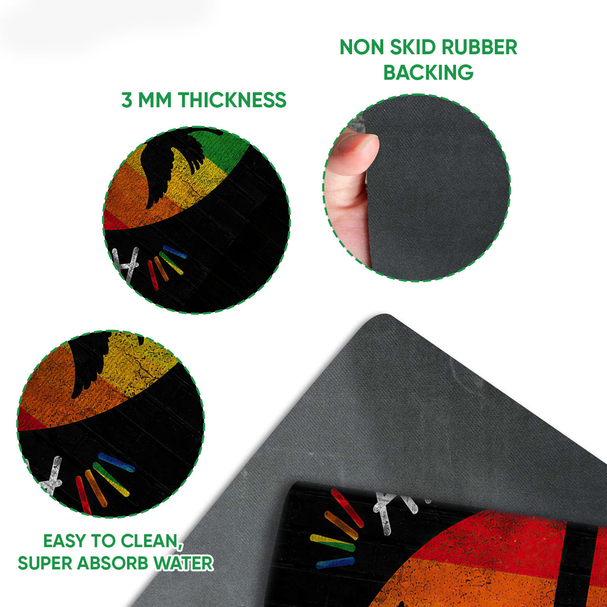 Close-up detail of the rainbow peace dove doormat showing the printed surface and rubber backing