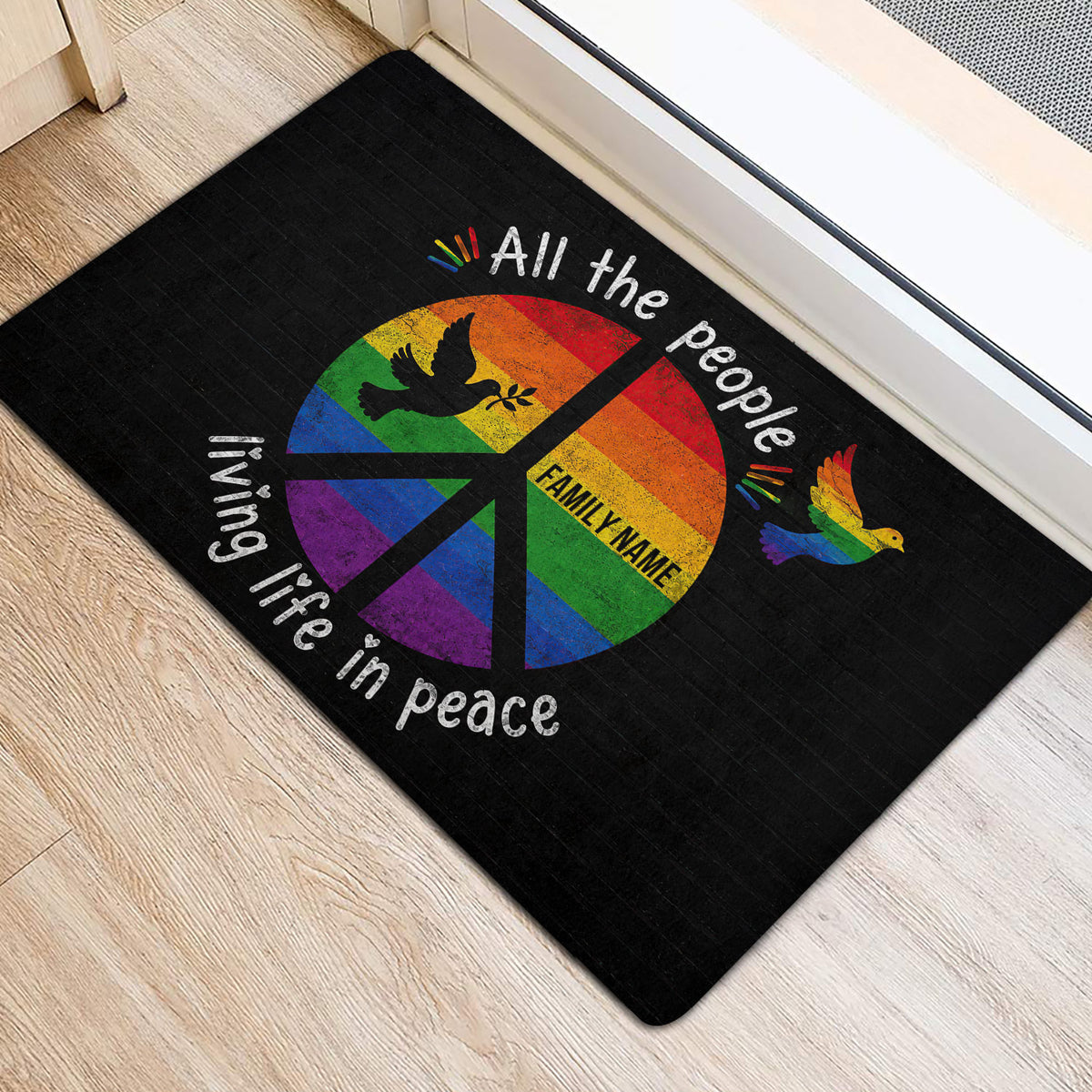 LGBT rainbow peace symbol door mat positioned inside a bright entryway near a doorway