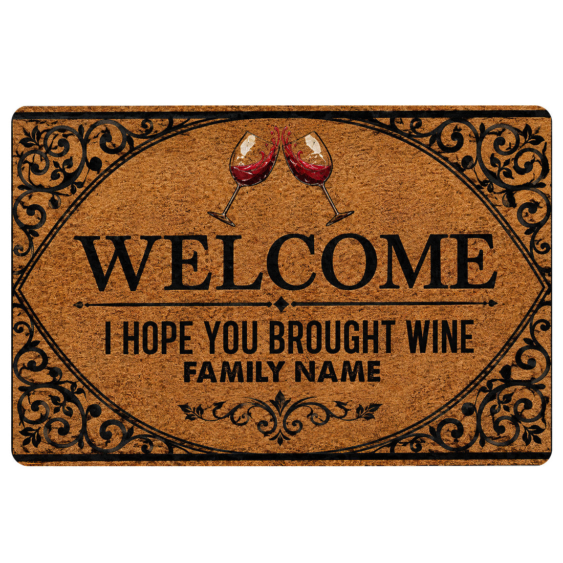 Wine-themed doormat with red wine glasses, ornate black scrollwork, and a welcoming entryway message