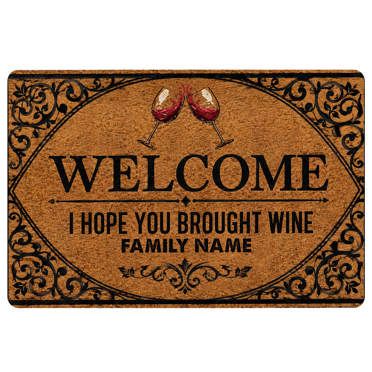 Wine-themed doormat with red wine glasses, ornate black scrollwork, and a welcoming entryway message