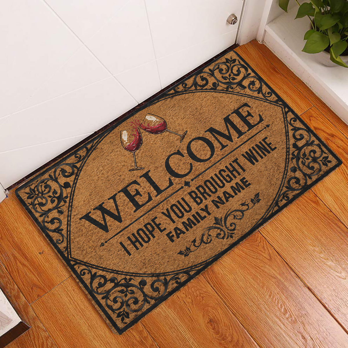 Wine-themed welcome doormat displayed by a white door on a warm wood floor