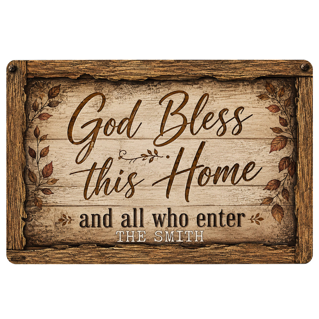Christian doormat with God Bless This Home message, rustic wood frame and autumn leaves