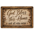 Christian doormat with God Bless This Home message, rustic wood frame and autumn leaves