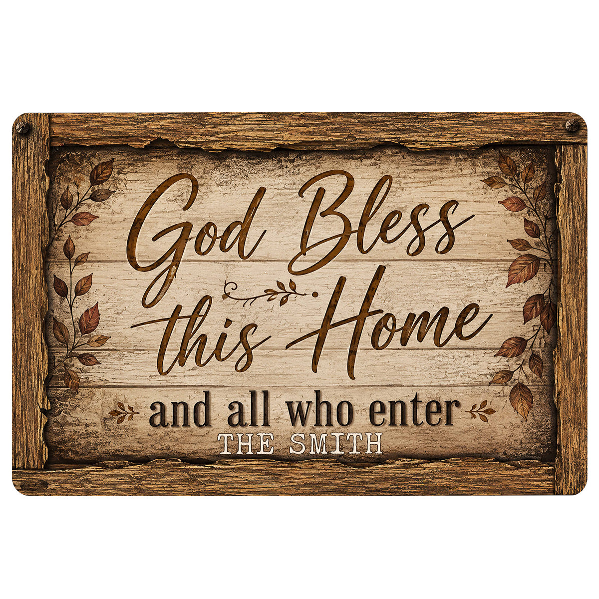 Christian doormat with God Bless This Home message, rustic wood frame and autumn leaves