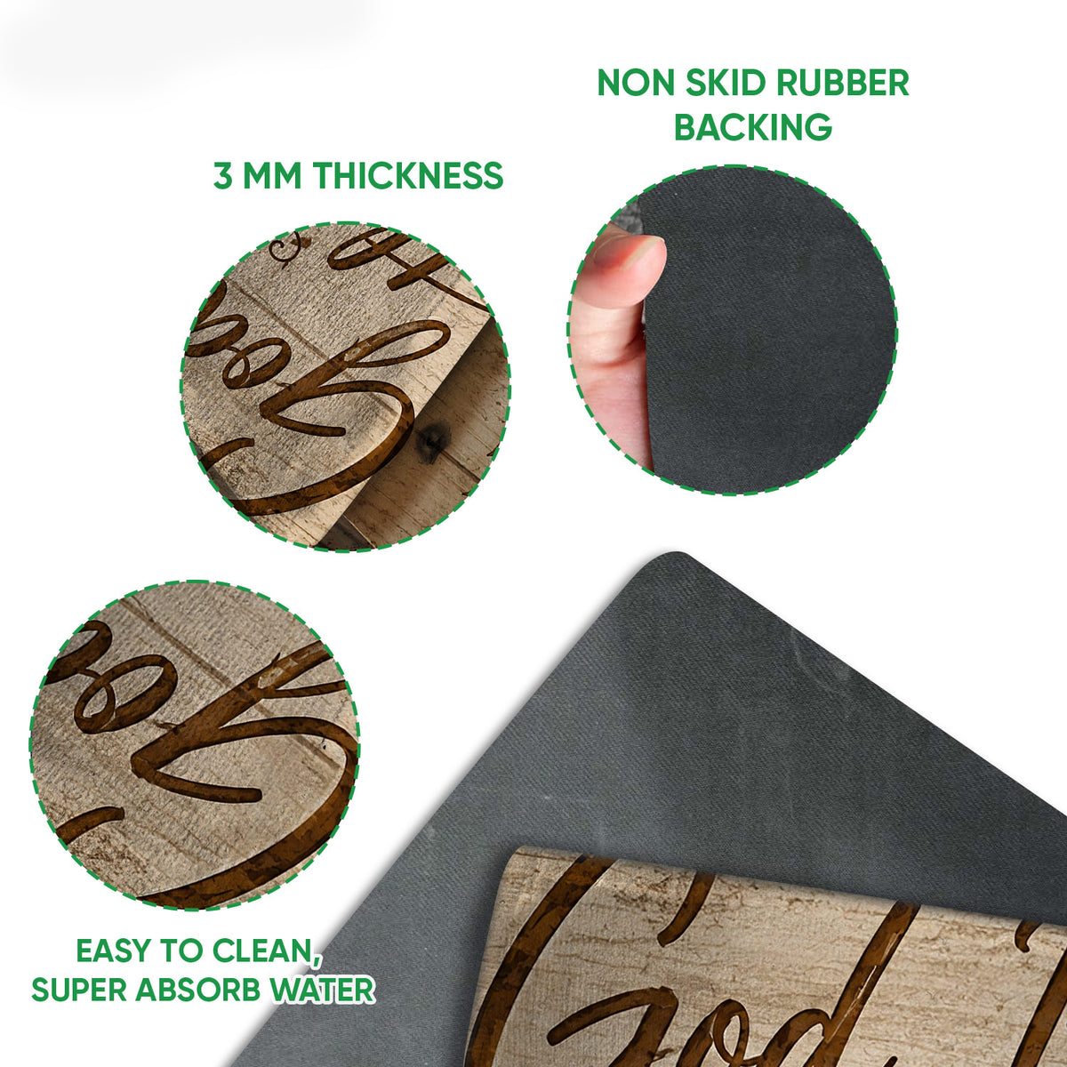 Close-up feature view of Christian doormat artwork with rubber backing and textured surface