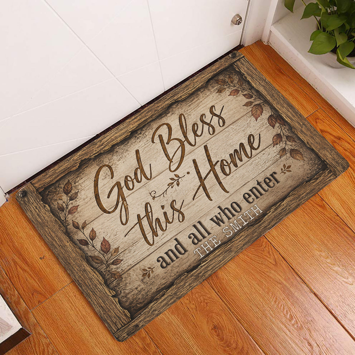 Christian God Bless This Home doormat styled at an indoor entryway with wood flooring