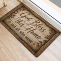 Rustic Christian entryway rug displaying a God Bless This Home message beside a doorway