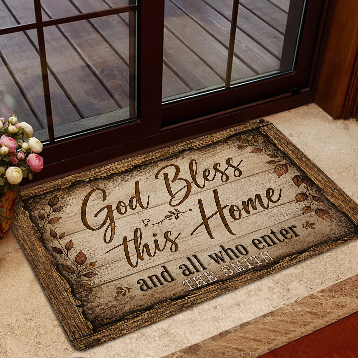 Christian welcome doormat with rustic wood design shown near a glass entry door