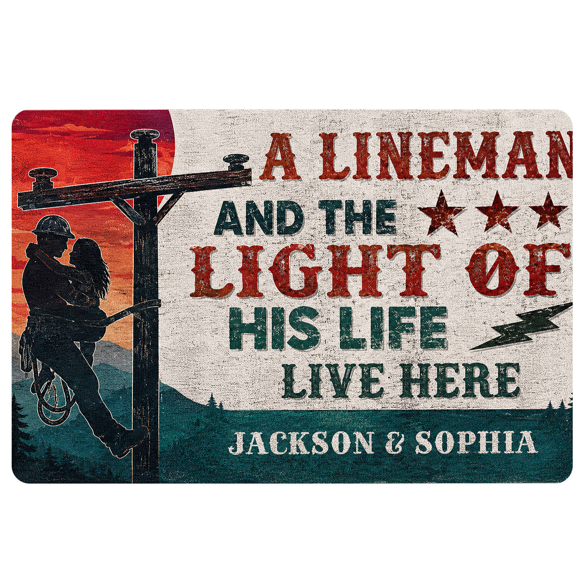 Lineman doormat featuring a utility worker, power pole, stars, lightning bolts, and rustic red and teal artwork