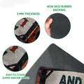 Close-up feature view of the lineman doormat print and black rubber backing