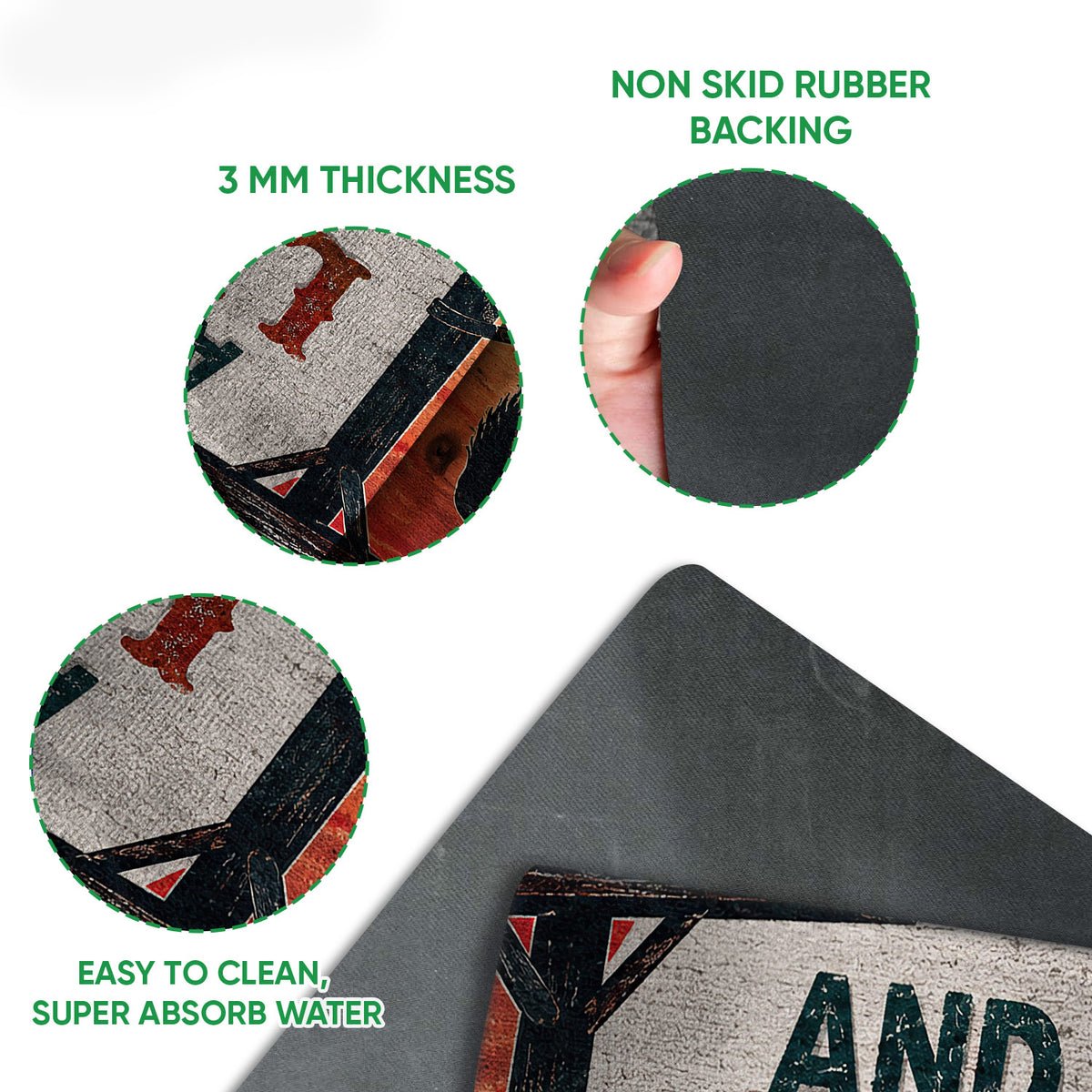 Close-up feature view of the lineman doormat print and black rubber backing