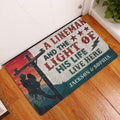Lineman entryway rug displayed beside a white door on a wood floor