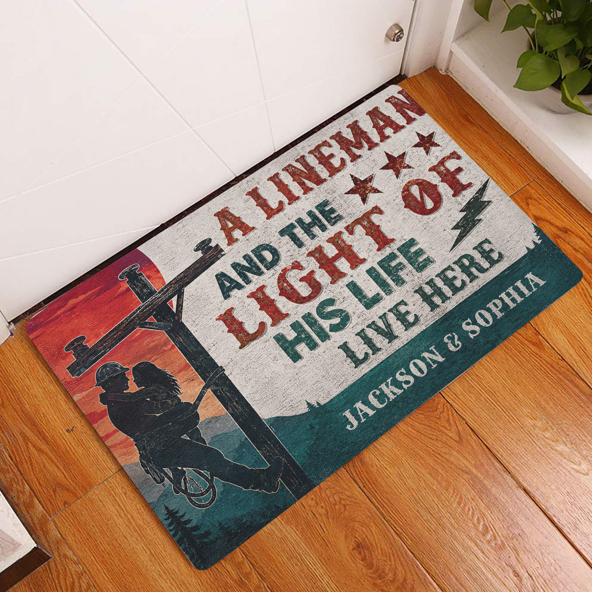 Lineman entryway rug displayed beside a white door on a wood floor