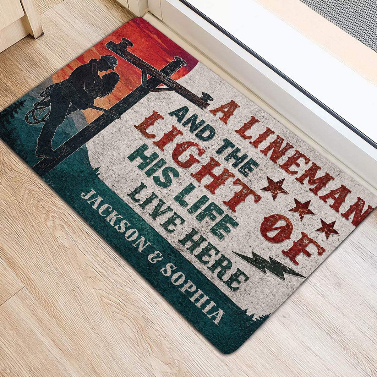 Lineman door mat styled at an entrance with utility worker artwork and rustic lettering