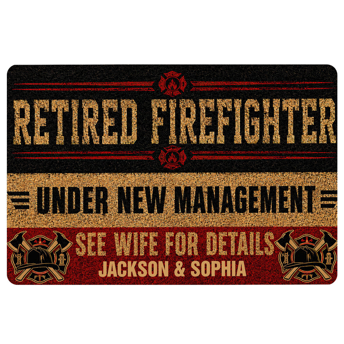 Firefighter doormat with black, red, and gold artwork, fire service emblems, and bold entryway lettering