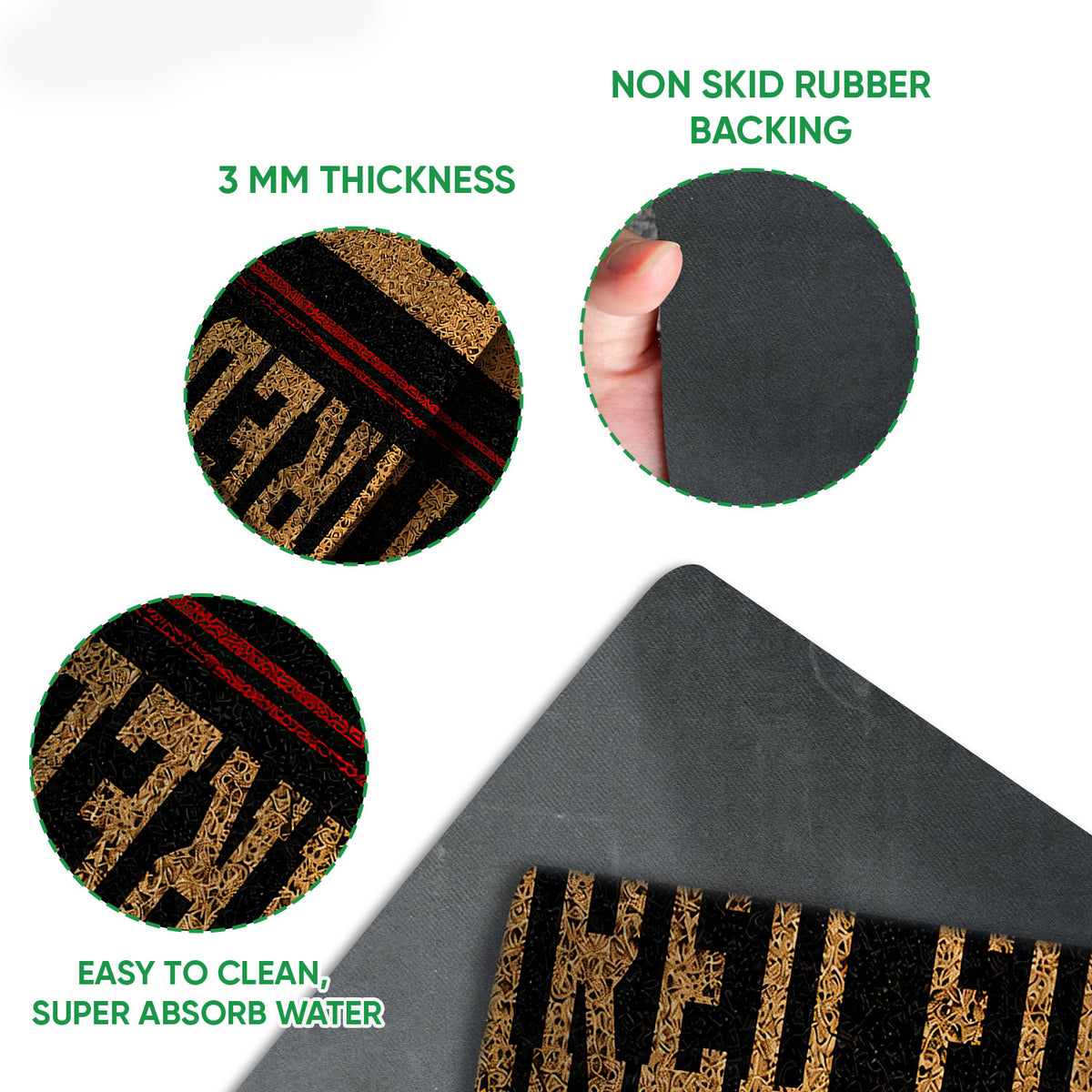 Close-up firefighter doormat showing the printed felt surface and black rubber backing detail