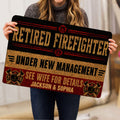 Firefighter doormat held indoors, showing bold fire service artwork, equipment emblems, and decorative borders