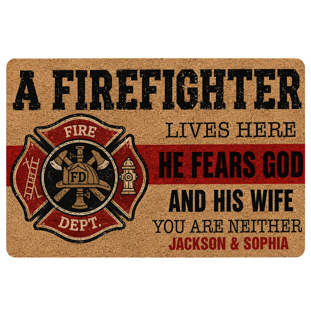 Firefighter doormat with a red and black fire department emblem and bold entryway artwork
