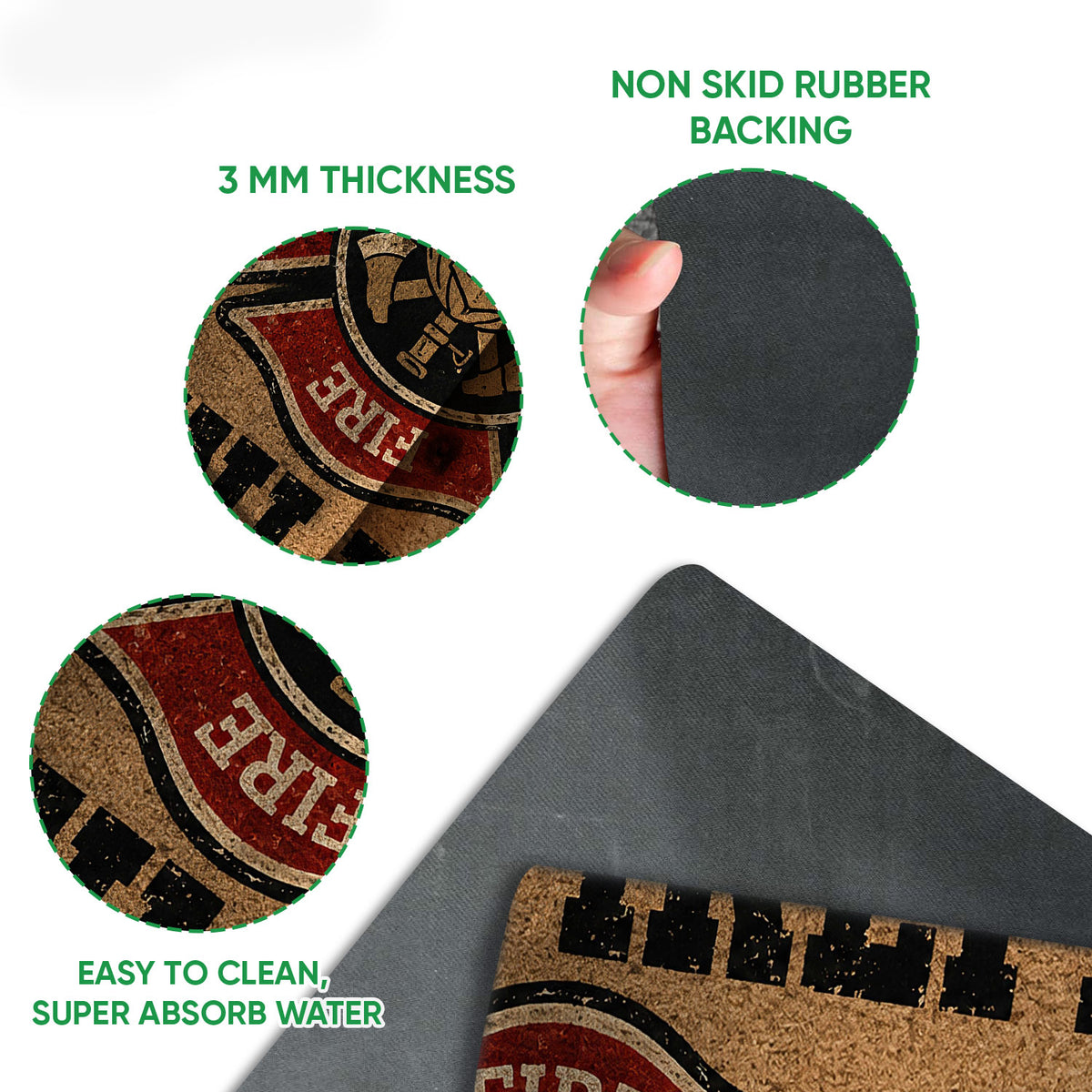 Close-up firefighter doormat view showing the printed surface and black rubber backing