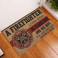 Firefighter doormat displayed at a front door on a warm wood floor