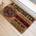 Firefighter entrance mat styled beside a bright doorway with red and black artwork