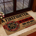 Firefighter door mat shown in a home entryway near a glass door and floral arrangement