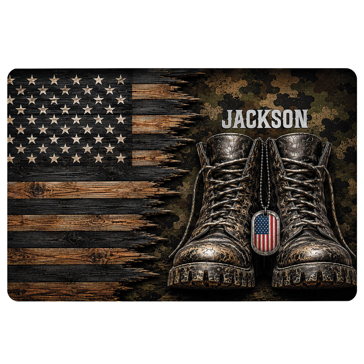 Veteran doormat featuring a distressed American flag, military boots, dog tags, woodgrain texture, and camouflage accents