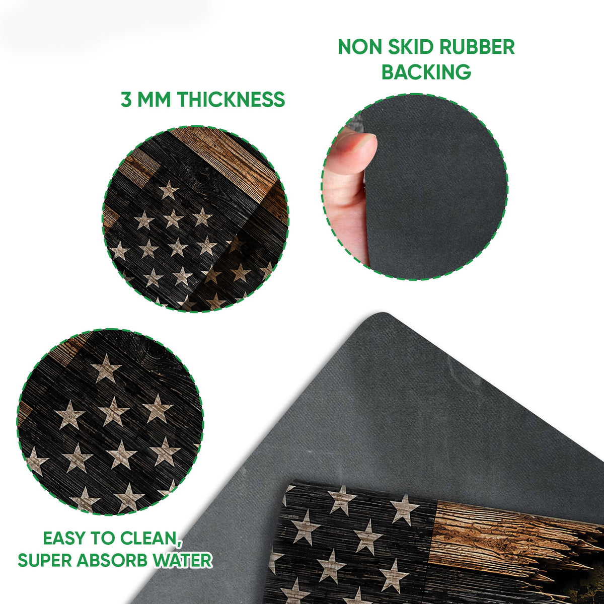 Close-up view of the veteran doormat surface and dark rubber backing with patriotic flag artwork