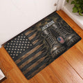Patriotic veteran doormat displayed in an entryway on hardwood flooring with military boots and flag artwork