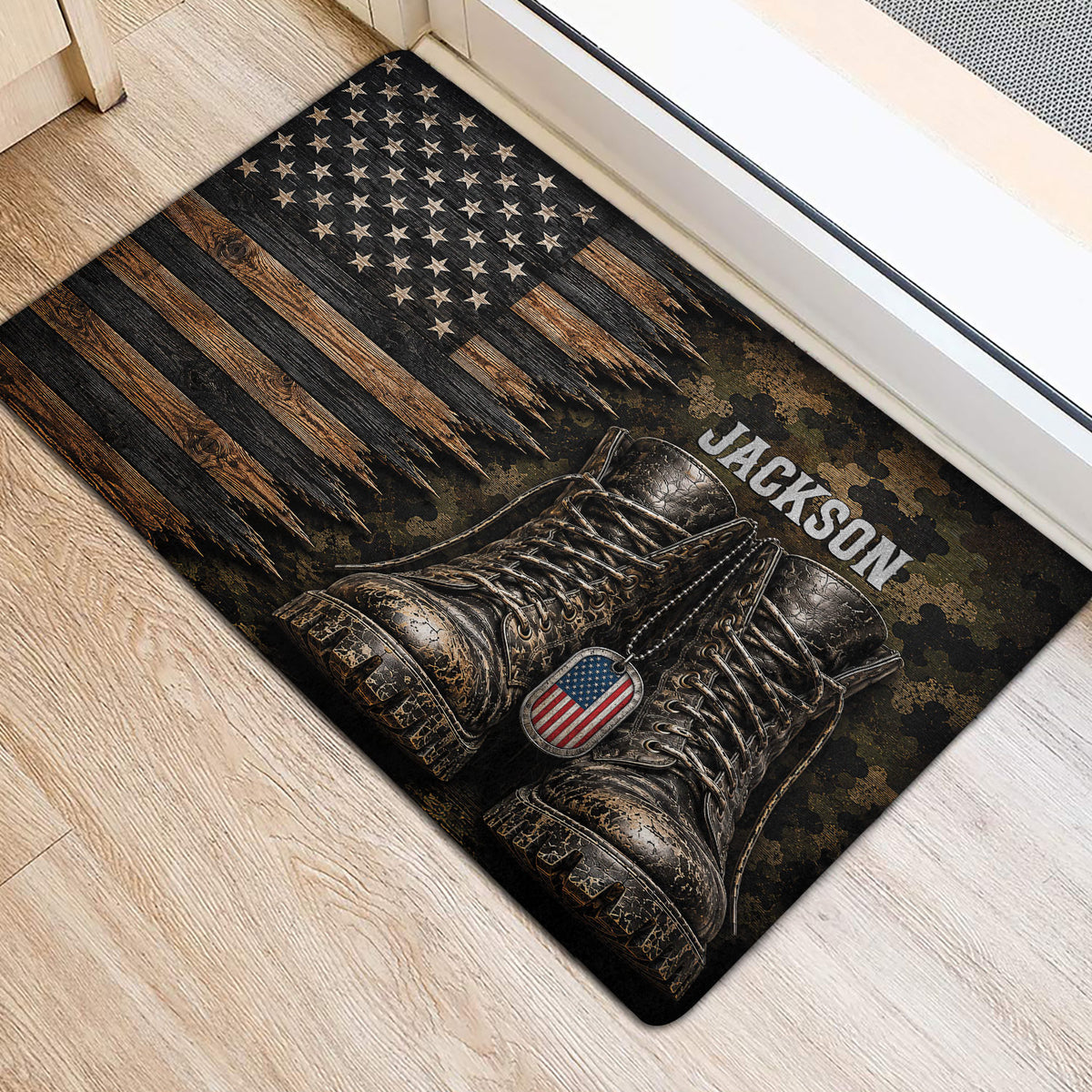 Veteran-themed front door mat shown at an entrance with distressed flag graphics and military boot artwork