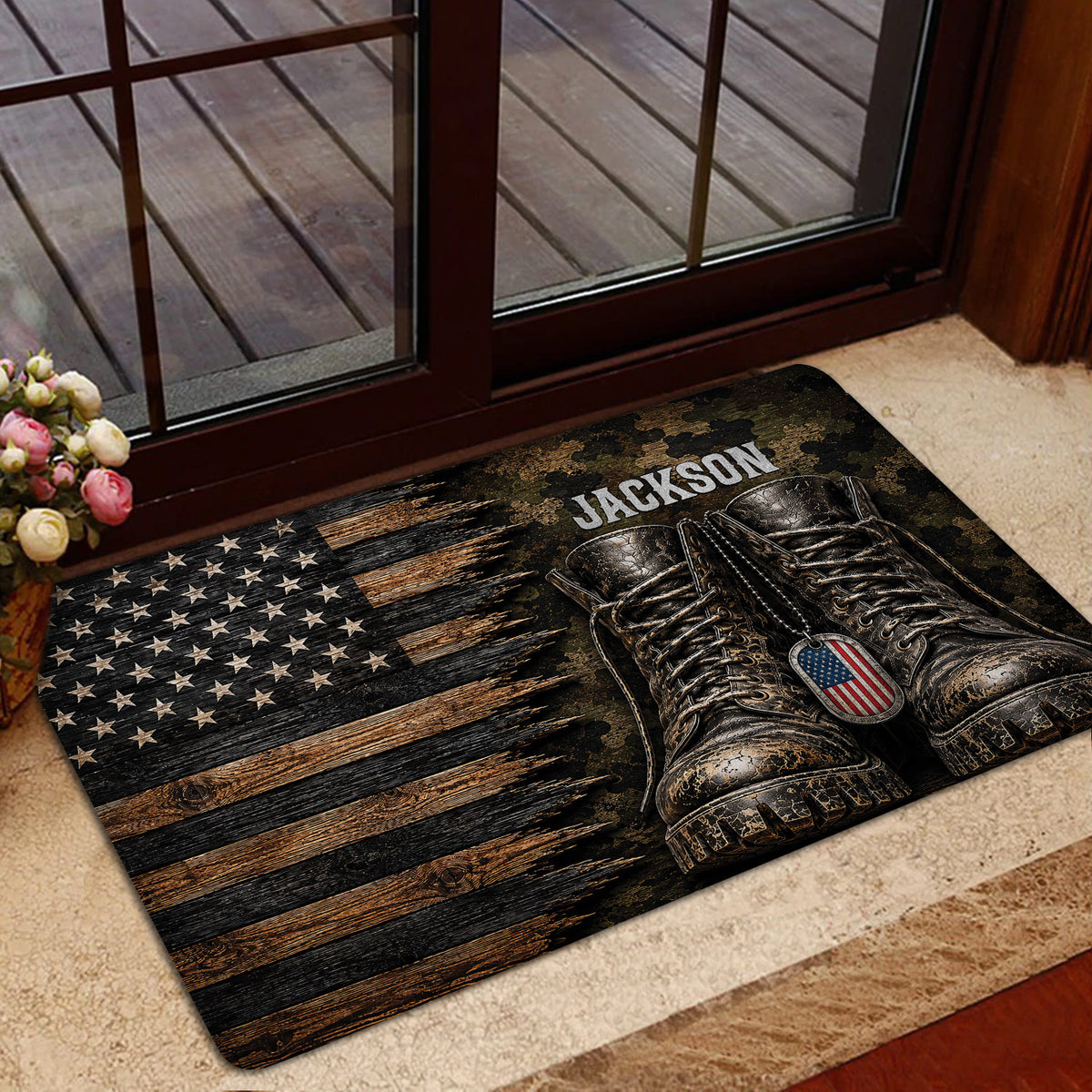 Patriotic veteran entryway mat styled beside a glass door with flag, woodgrain, camouflage, and boot imagery
