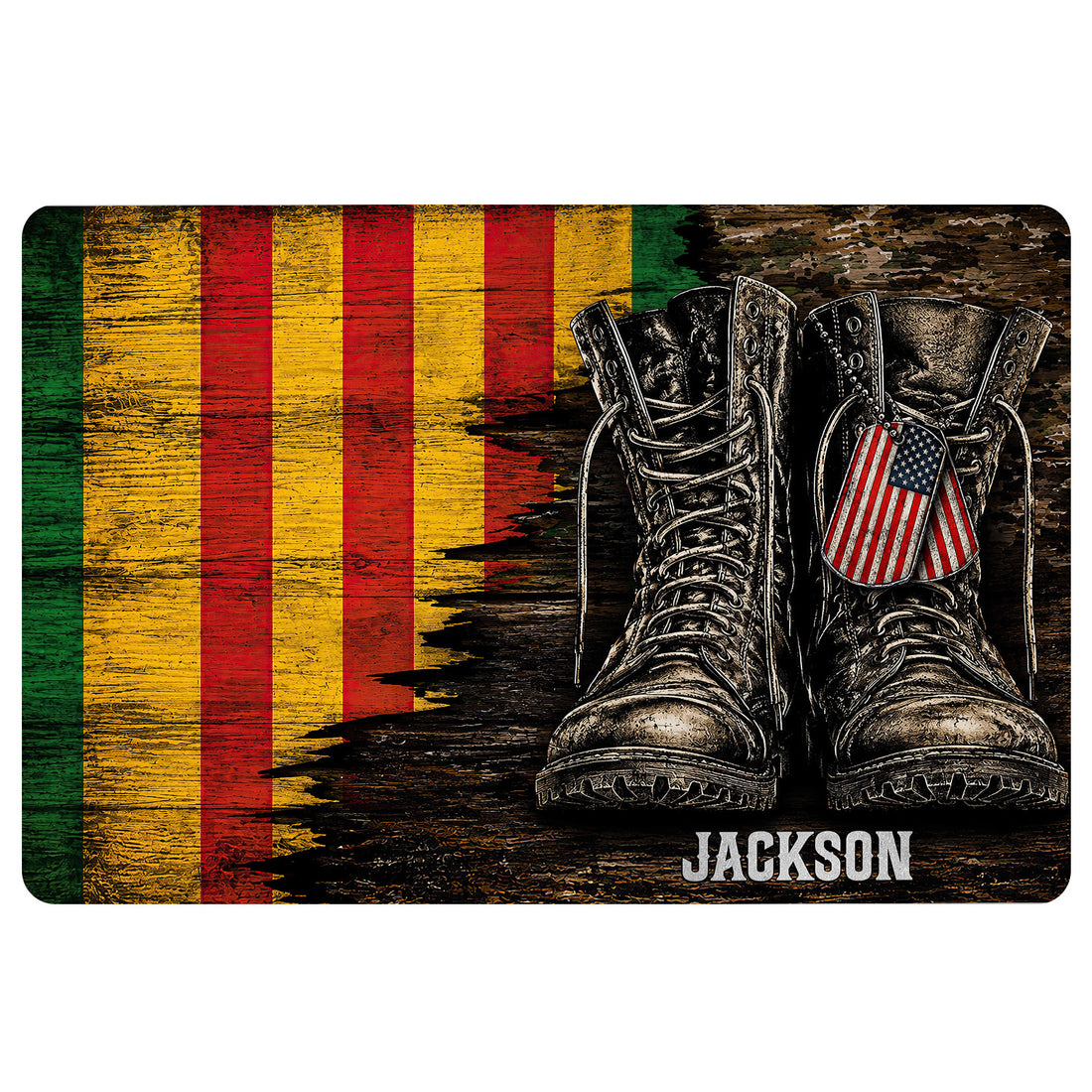Vietnam Veteran doormat featuring military boots, dog tags, distressed patriotic colors, and bold artwork