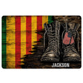 Vietnam Veteran doormat featuring military boots, dog tags, distressed patriotic colors, and bold artwork