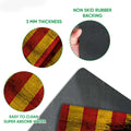 Feature detail showing the printed doormat surface, textured rubber backing, and thin construction