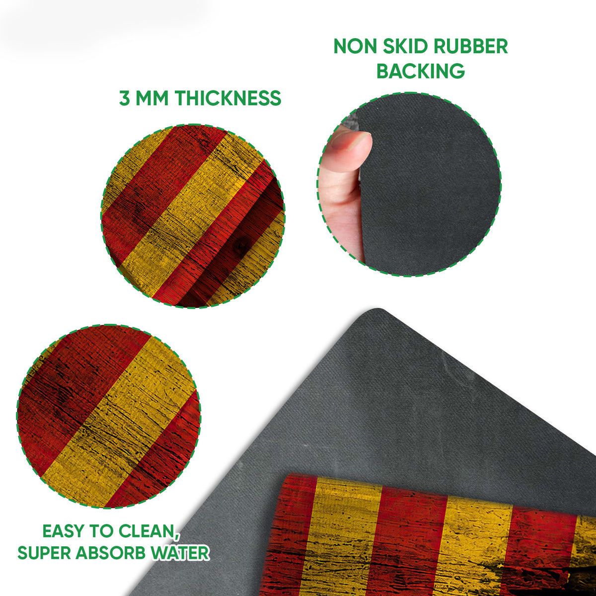 Feature detail showing the printed doormat surface, textured rubber backing, and thin construction